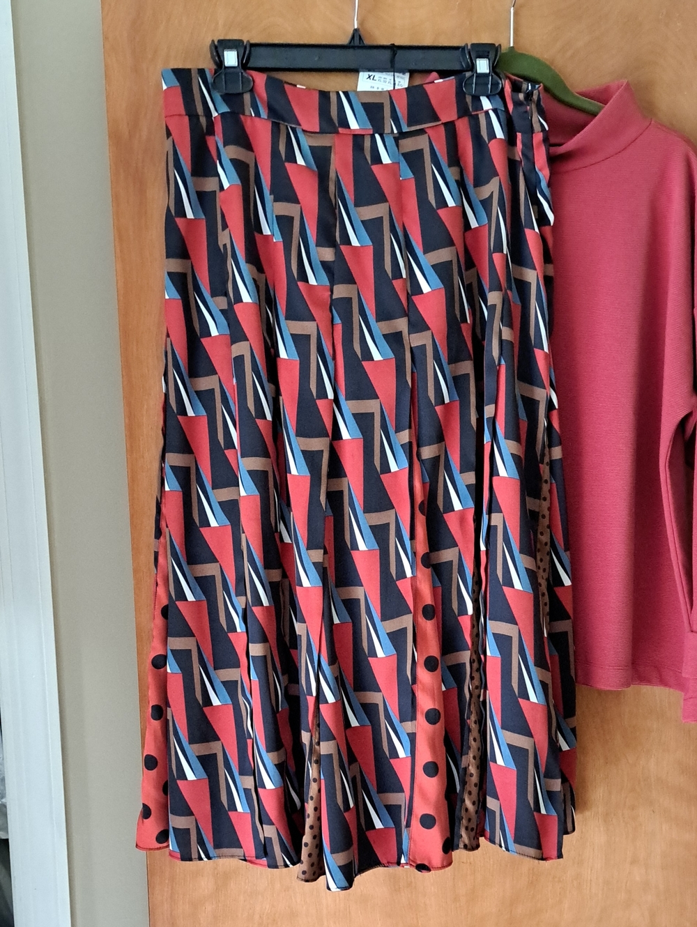 Zara Geometric Print Midi Skirt in Red, Navy & Brown